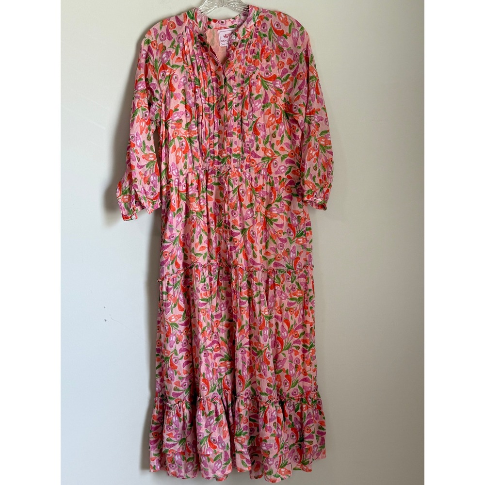 Banjanan Midi Dress Womens XS Pink Floral Cotton Pintuck Tiered Boho - Picture 2 of 9